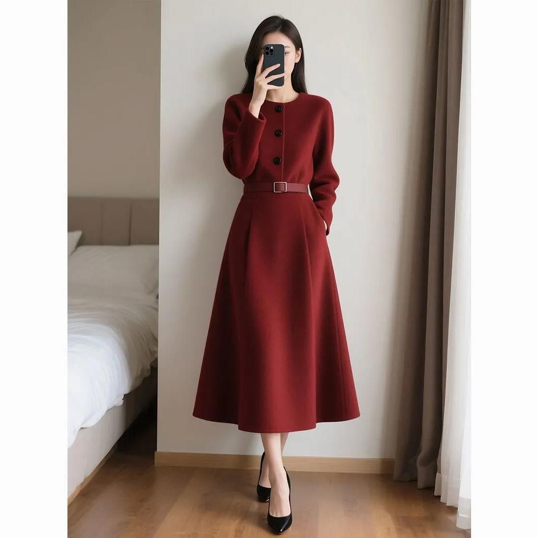 Women'S Red Formal Wear - Rode retro jurk met lange mouwen